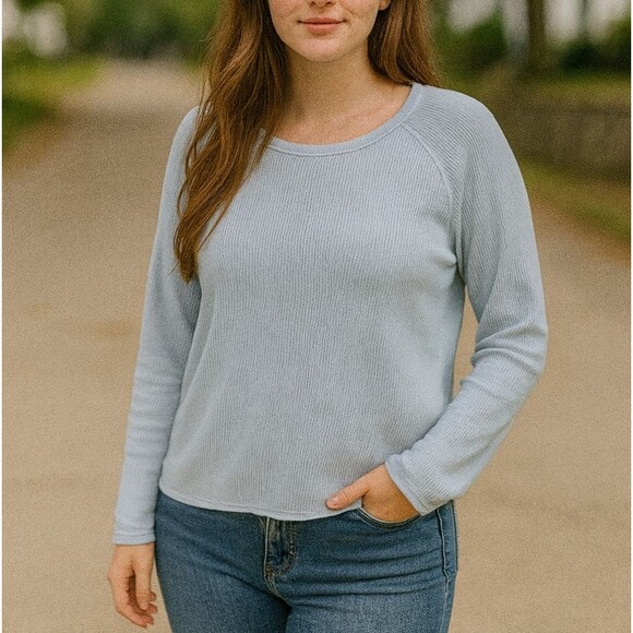 Eileen Fisher Pastel Blue Mesh L/S Top Large Sheer Fisherman - Picture 1 of 7